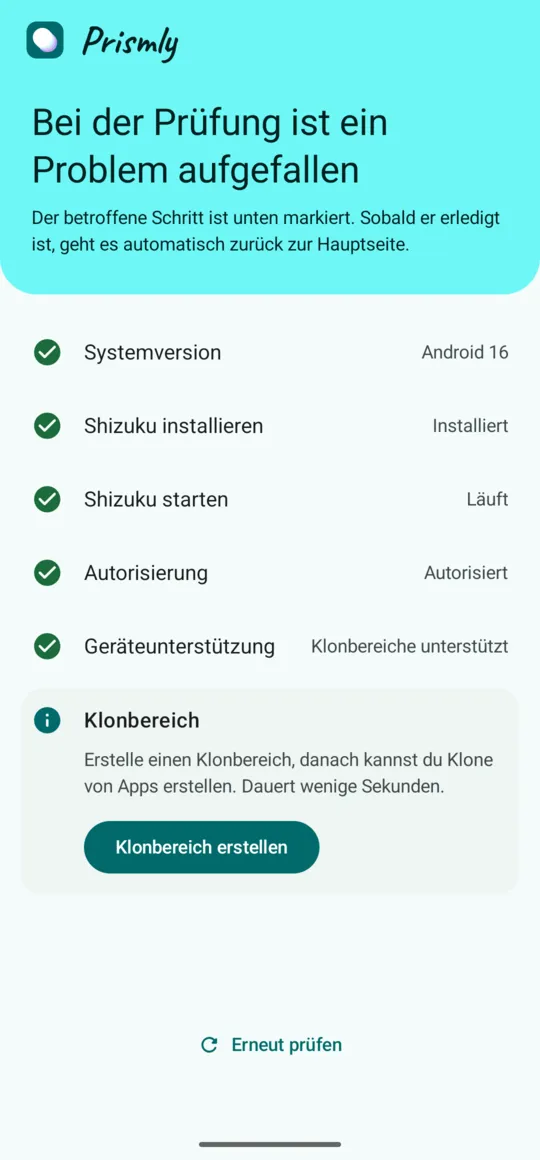 Einrichtungs-Checkliste: Ergebnisse der einzelnen Prüfungen