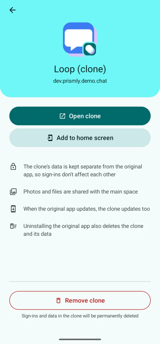 Clone details: Open clone, Add to home screen, Remove clone