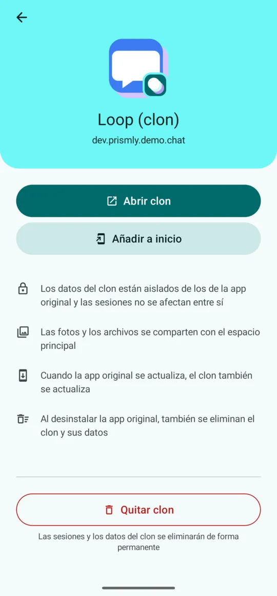 Detalles del clon: Abrir clon, Añadir a inicio, Quitar clon
